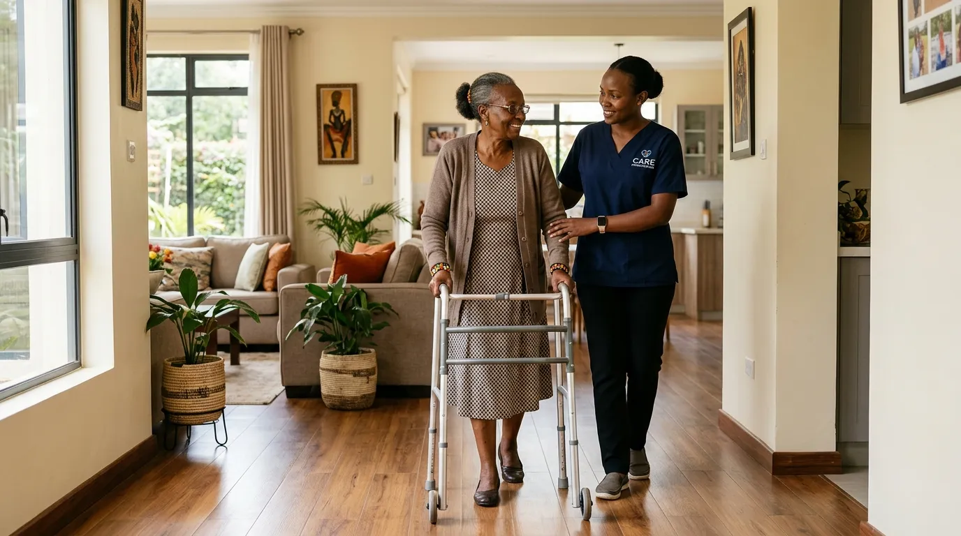 Caregiver attentively assisting an elderly woman at home