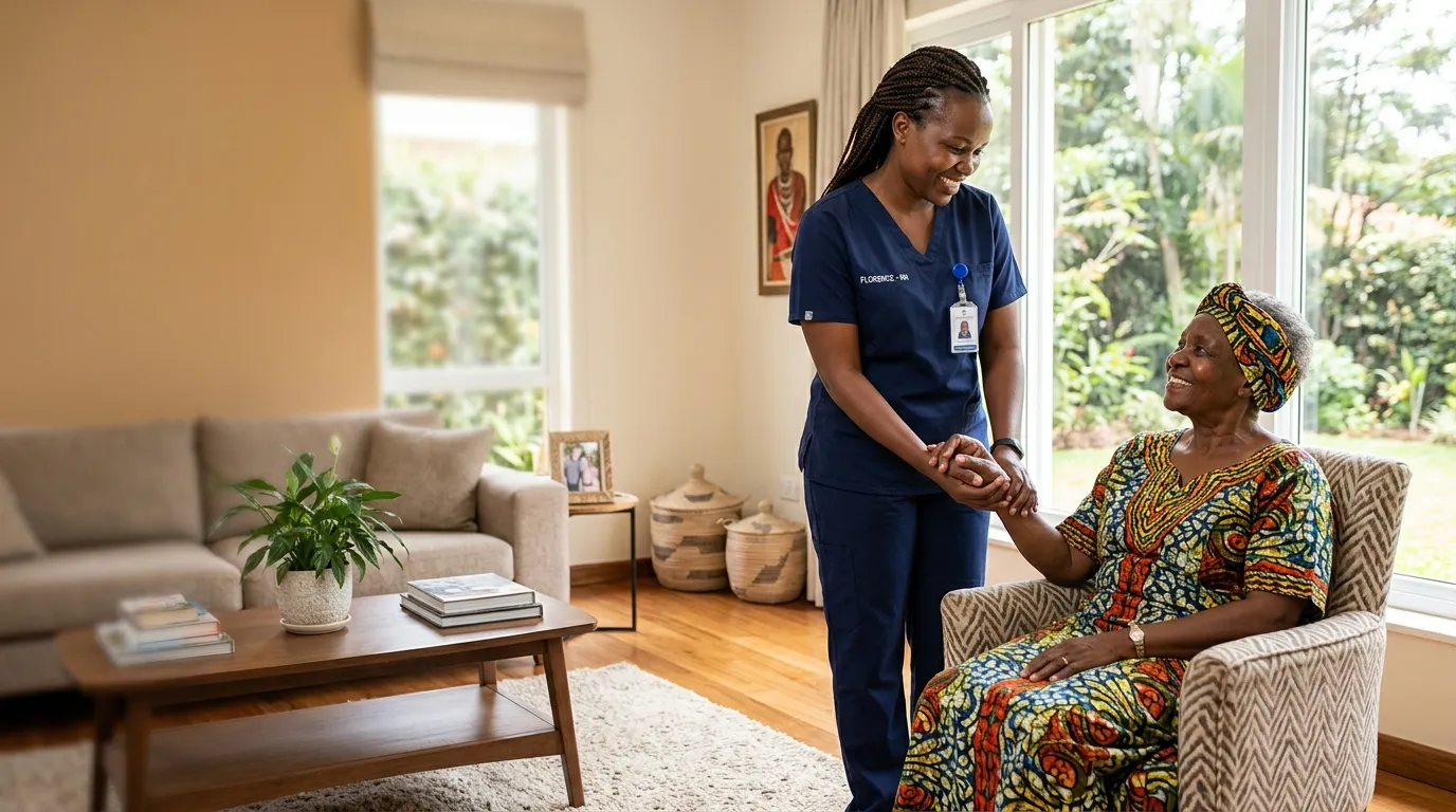 BluePeak nurse warmly greeting an elderly woman at her home